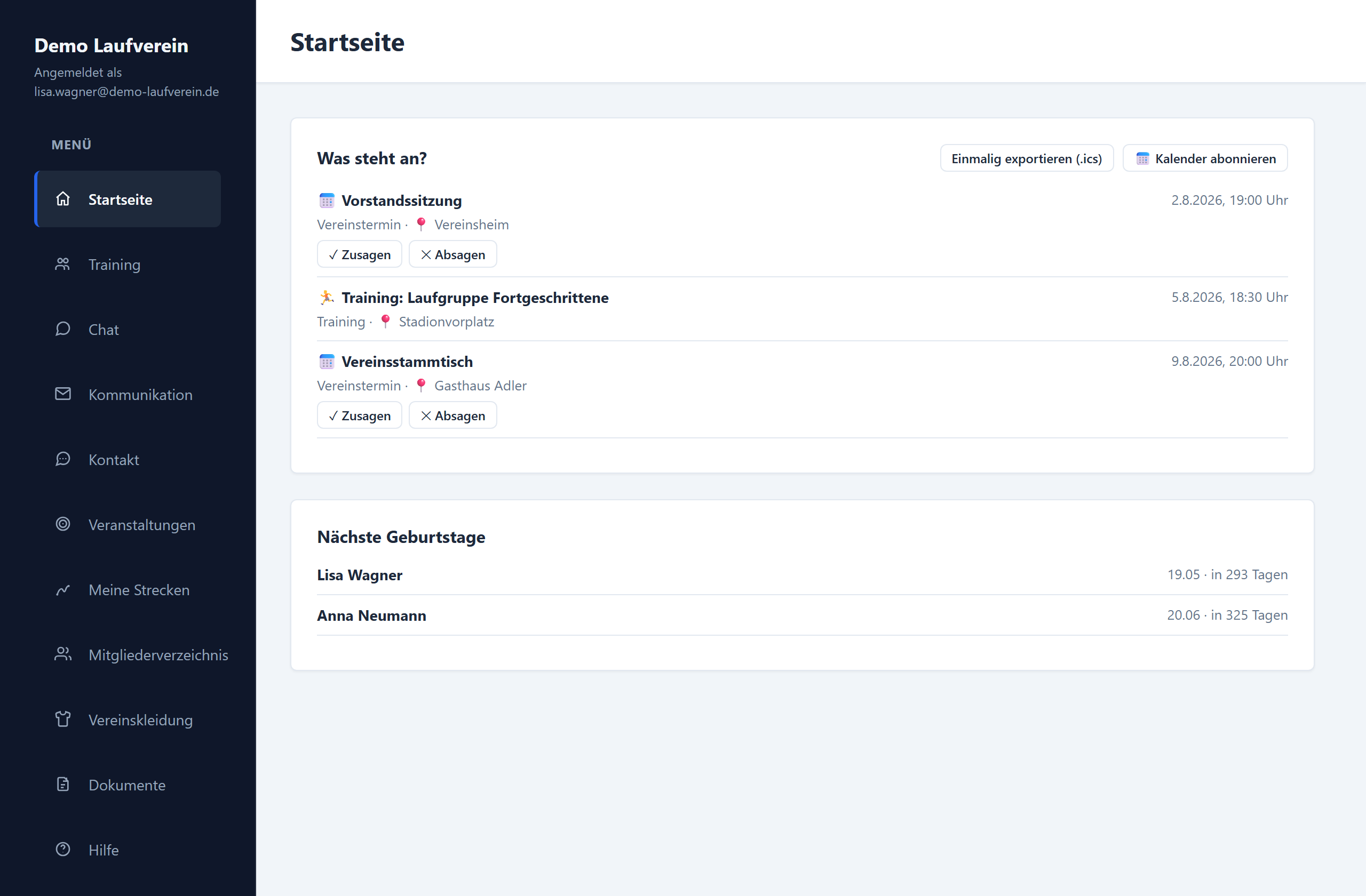 Startseite des Run-Desk Mitgliederportals mit anstehenden Terminen und Trainingsgruppe