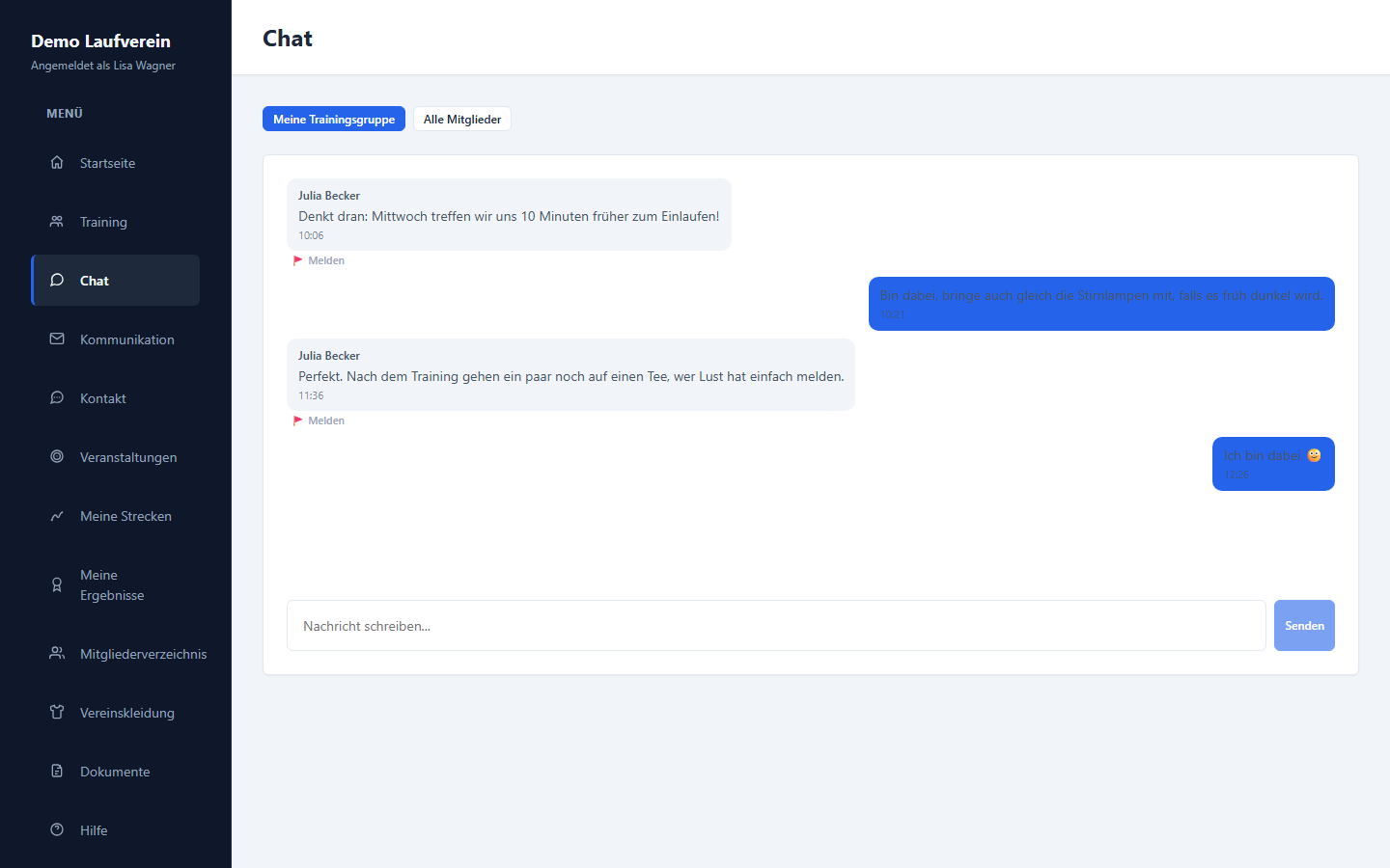Chat mit der Trainingsgruppe im Run-Desk Mitgliederportal